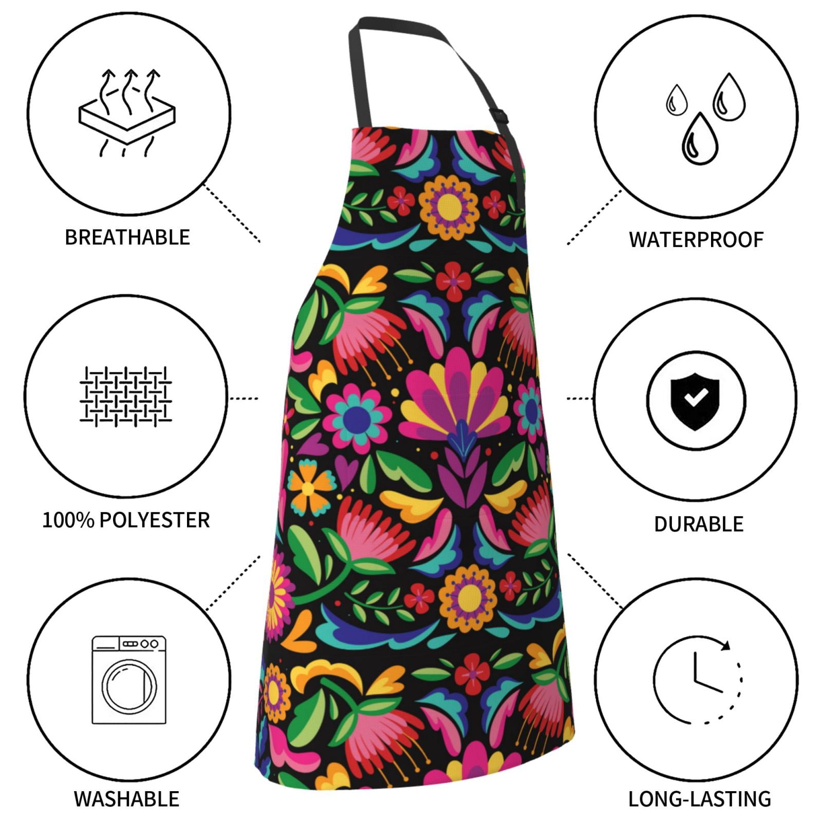Kdxio Colorful Floral Embroidery Mexican Apron with Pockets Adjustable Kitchen Aprons for Men Women Waterproof Aprons for Cooking,Drawing,Crafting, Baking Household Cleaning