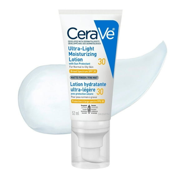 CeraVe Ultra-light Face Moisturizer with SPF 30. Hyaluronic Acid face sunscreen lotion for Men & Women, Normal to Oily & sensitive skin. Fragrance-Free, Oil-Free, Non-Comedogenic, Travel Size 50ML, Lightweight UVA/UVB Lotion