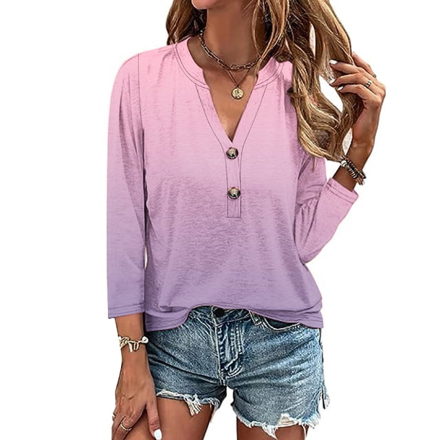 AOOCHASLIY Ladies' Clothes Clearances Womens 3/4 Sleeve V Neck Buttons Tee Gradient Color Blouse Loose Fit Tshirts Fall Tunic