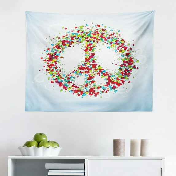 Groovy Tapestry, Famous Widely Used Peace Logo with Colorful Splash Grunge Style Pacifism Themed, Fabric Wall Hanging Decor for Bedroom Living Room Dorm, 2 Sizes, Multicolor, by Ambesonne