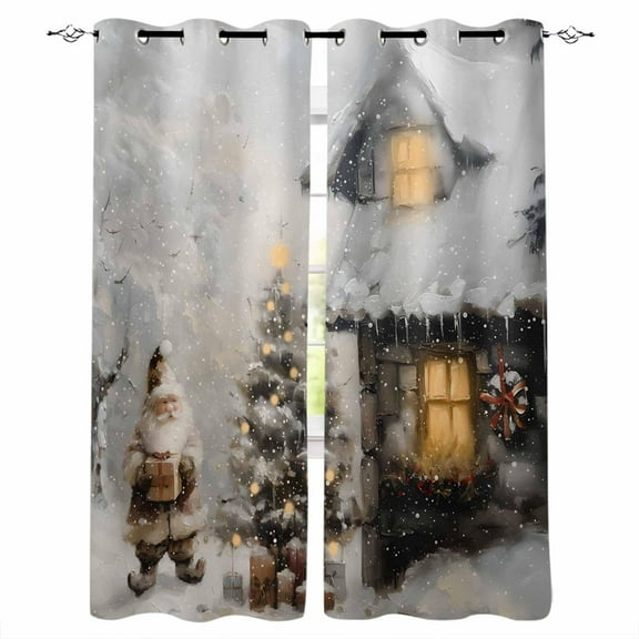 Hokiten Farmhouse Christmas Blackout Curtains | Light Blocking Print Window Curtains, Xmas Santa Snowflake Thermal Insulated Window Drapes for Living Room Kitchen Cafe (2 Panels, 104"W x 63"L)