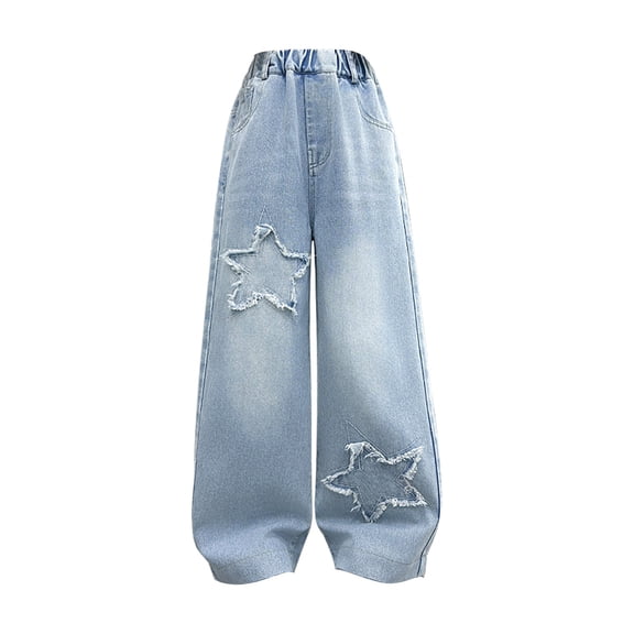 Coerni Girls Baggy Jeans Distressed Star Wide Leg Denim Pants Pull on Teen Trendy Vintage Streetwear Trousers 5-16 Years