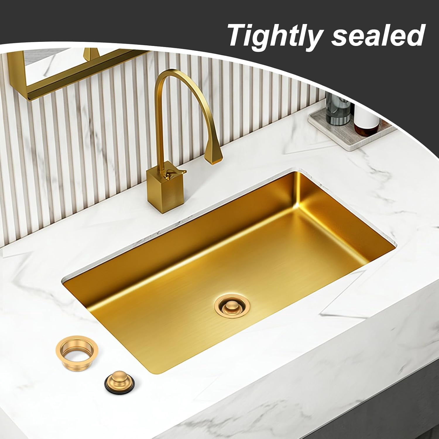 Kitchen Sink Garbage Disposal Flange and Stopper Fit Universal 3-1/2 Inch Standard Drain Hole, Stainless Steel Sink Flange Stopper Replacement Accessories, Gold
