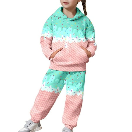 Rhuody Girls Outfits Ice Cream Print Hooded Long Sleeve Top And Pants Athletic Hoodie Sweatshirt And Active Jogger Sweatpants Green 8-9 Years