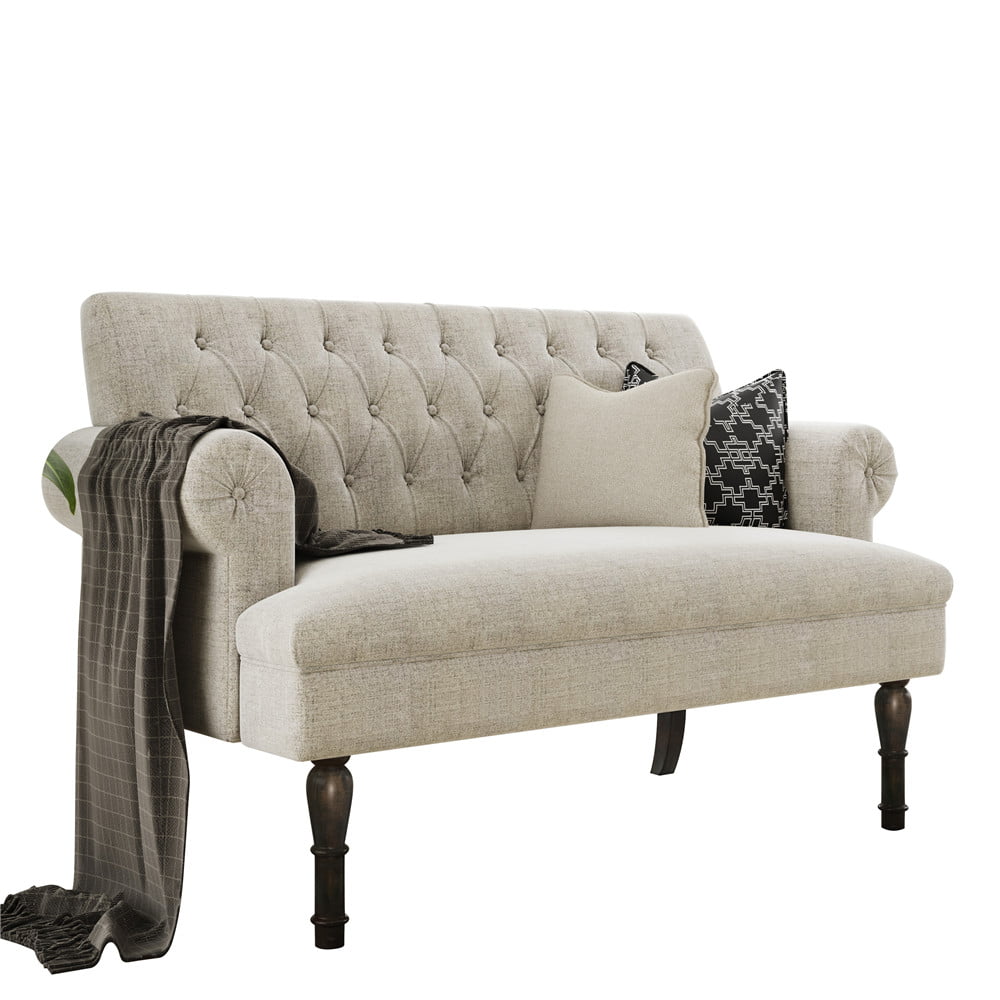 Linen Loveseat Sofa Solid Wood Tufted Cushion Sofa Scrolled Arms ...