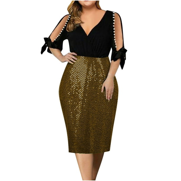 Vestidos Para Mujer Vestidos Casuales Sólido Empalme Cuello en V Manga 3/4 Vendaje Lentejuelas Vestido Acampanado Odeerbi ODB148788