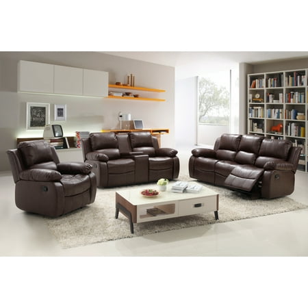 Algeciras 3 Pc Reddish Brown Bonded Leather Living Room Reclining Sofa Set With Tea Table Center Console And Rocking Chair