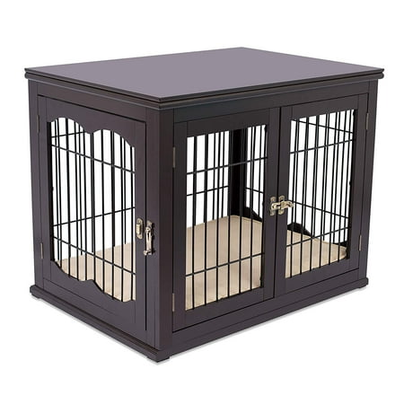 Internet's Best Decorative Dog Kennel with Pet Bed | Double Door | Wooden Wire Dog House | Large Indoor Pet Crate Side Table | (Best Boarding Kennels Reviews)