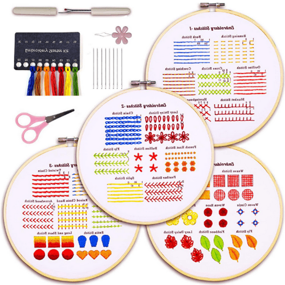 Embroidery Kit for Beginners – 4 Stitches Practice Kit for Teens & Adults, Stamped Basic Stitch Patterns, Easy Arts & Crafts with 1 Hoops