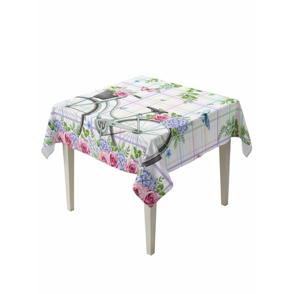 Spring Suqare Tablecloth - 60 x 60 Inch, Bicycles Botanical Leaves Rose Colorful Stripes Waterproof & StainResistant Tablecloth, Washable Oil-proof Table Cover for Dining/Party/Wedding/Camping/Buffet