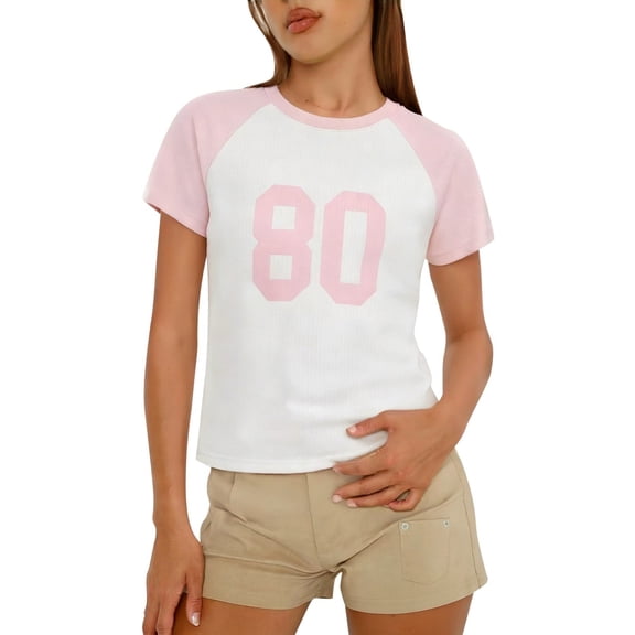 EYNMVR Women Short Sleeve Crop Tops Y2k Number Graphic Baby Tees Summer Girls Crewneck Slim Fit T-Shirts