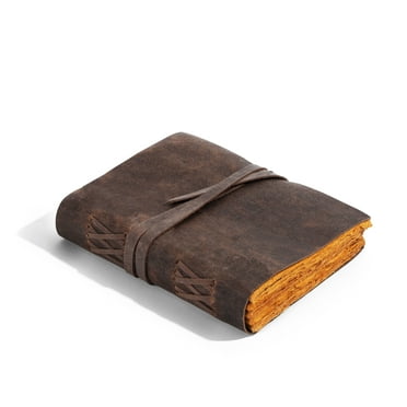 Vintage Leather Journal for women and men 9 x 6-inch Antique Handmade Deckle Edge Vintage Yellow Paper Leather Sketchbook - Book of Shadows Journal