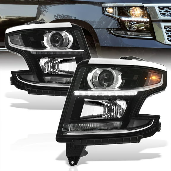 AJP Distributors Black Housing Clear Signal Projector Headlights LED Strip Lamps Pair Compatible/Replacement For Chevrolet Tahoe Chevy Suburban 3500HD 2015 2016 2017 2018 2019 2020 15 16 17 18 19 20