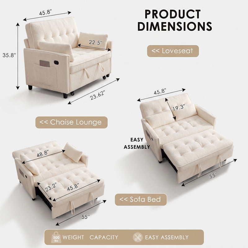 Anpport 54" 3‑in‑1 Convertible Sofa Bed, Towel Fabric, 3‑Position Adjustable Backrest with USB Charging Ports, for Living Room, Apartment, Beige