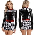 thumbnail image 3 of Mono de corredor para mujer, traje de Cosplay, traje de porristas, pantalones cortos con estampado de tablero de ajedrez, mono de conductor de coche de carreras, 3 of 5
