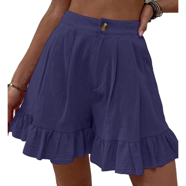 Mujer Pantalones cortos de verano Cierre de botones Volantes Dobladillo Piernas anchas Casual Pantalones cortos para uso diario