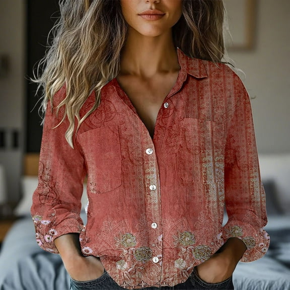 Red Women Shirts, Women'S Long Sleeved Printed Button Down Shirt,Women Shirts S