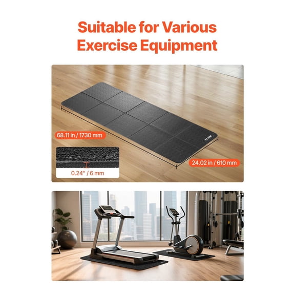 Foldable Walking Pad Treadmill Mat,1/4"Thick,24"x68"Exercise Equipment Mat for Elliptical on Carpet Hardwood Floor,High Density PVC Floor Protector,Waterproof&Non-slip for Home Gym