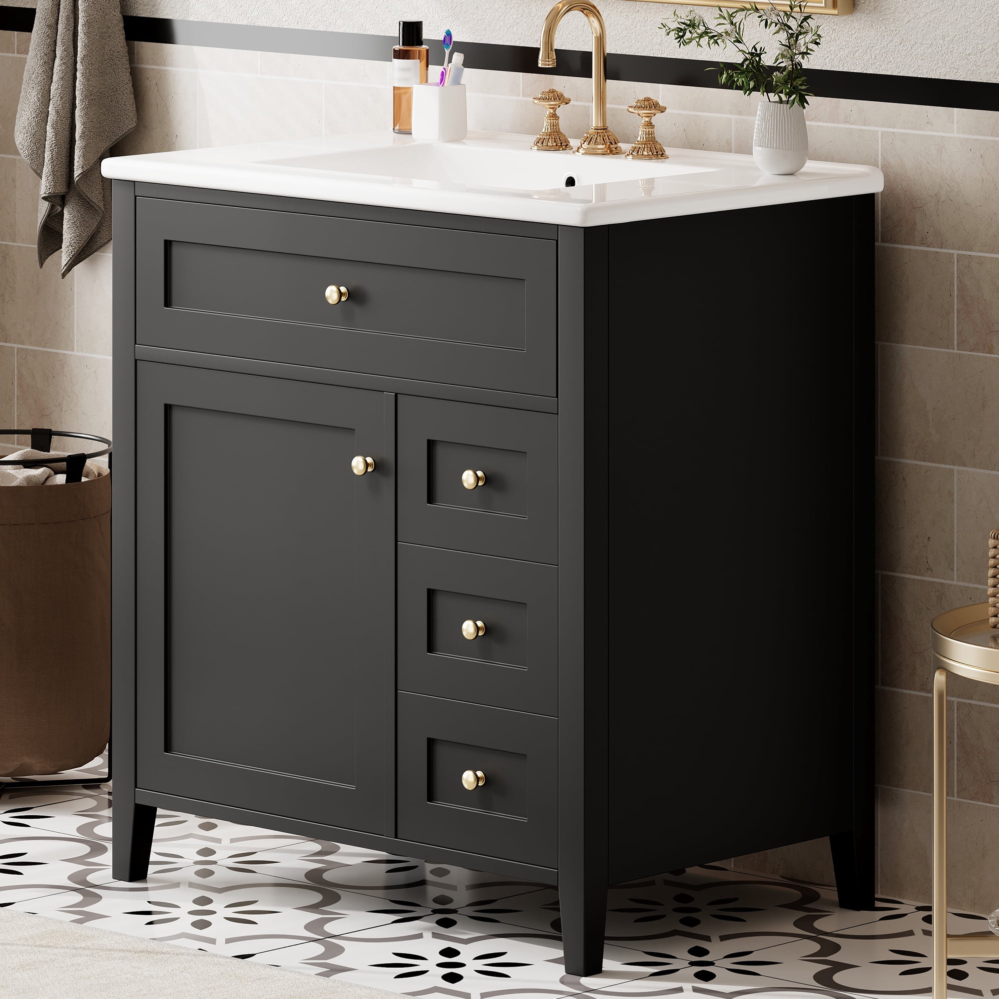 Anpport 30" Freestanding Bathroom Vanity with Sink, Modern MDF & Rubberwood Cabinet, 3 Drawers, Adjustable Shelf & Left‑Side Door, Black