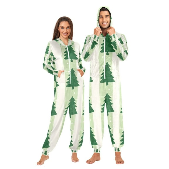 Christmas Trees Stripe Adult Onesie Pajamas Slim Fit Christmas One Piece Suit Pjs for Women and Men Hooded Zipper