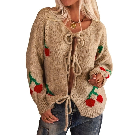 Womens Tie Front Cardigan Cute Cherry Open Front Y2k Sweater Oversized Chunky Knit Cardigan Tops Khaki M