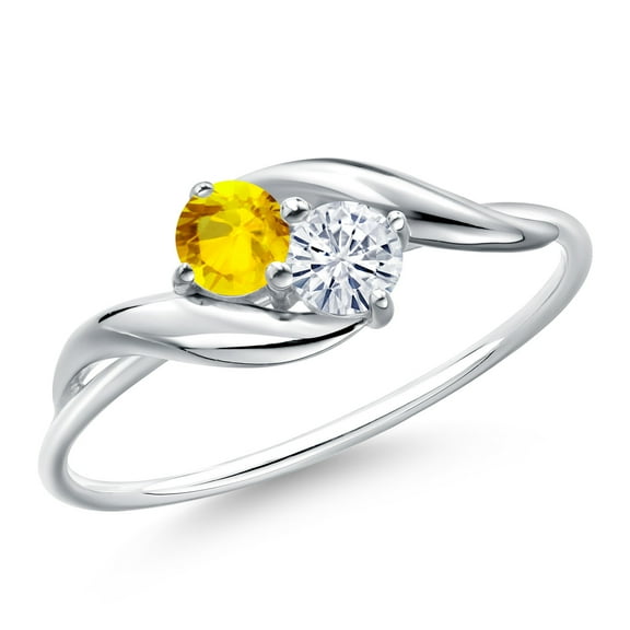 Gem Stone King 10K White Gold Round Yellow Sapphire and White Moissanite Ring for Women (0.32 Cttw, Round 3.5MM, Gemstone September Birthstone, Size 5)