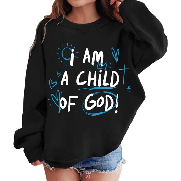 Hiijoy Girl's Sweatshirt Cute Drop Shoulder Crewneck Pullover Tops, Black, Sizes 3-10