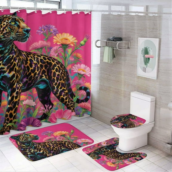 Leopard Print Shower Curtain Set 4-Set Jungle Animal Theme Bathroom Decor Set Includes Floor Mat ,Toilet Cover Mat ,U-Mat ,Shower Curtain with 12 Hooks,72inx72in