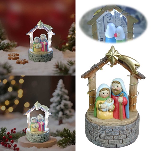 BKER Birth Scene And LED Lights Resin Sacred Family Statues