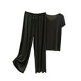thumbnail image 2 of Conjunto de pijama de seda helada Minnieouse para mujer camiseta de algodón con cuello en V y pantalones holgados color Negro METRO, 2 of 6