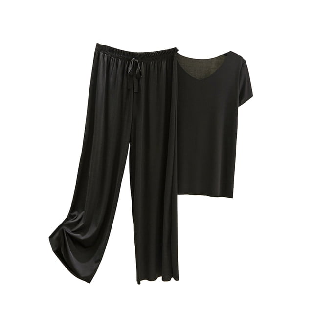 Conjunto de pijama de satén de seda helada Sonducket para mujer camiseta de algodón con cuello en V pantalones holgados con cintura Negro 4XL