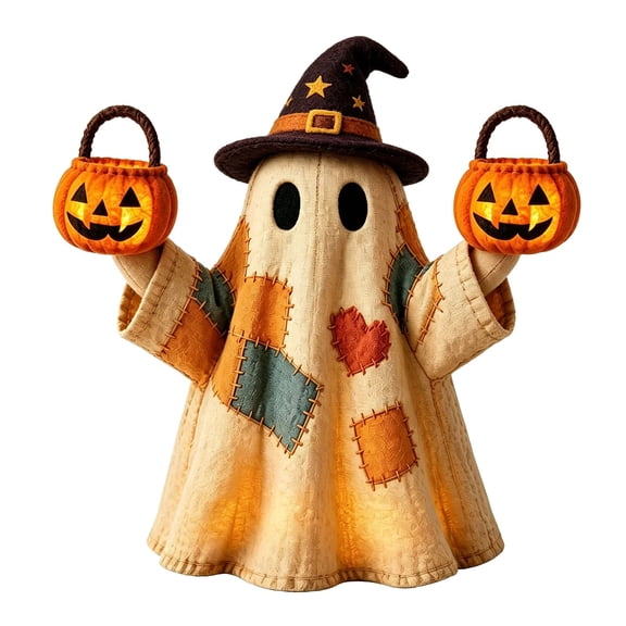 FEISHENTT Halloween Vintage Patchwork Ghost with Pumpkin Lantern Funny Ghosts Halloween Figurine for Indoor Outdoor
