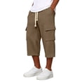 thumbnail image 2 of Nestiefly Long Cargo Shorts for Men Below Knee Waffle Drawstring Capris Pants Elastic Waist Lightweight Summer Resort Wear Brown L, 2 of 8