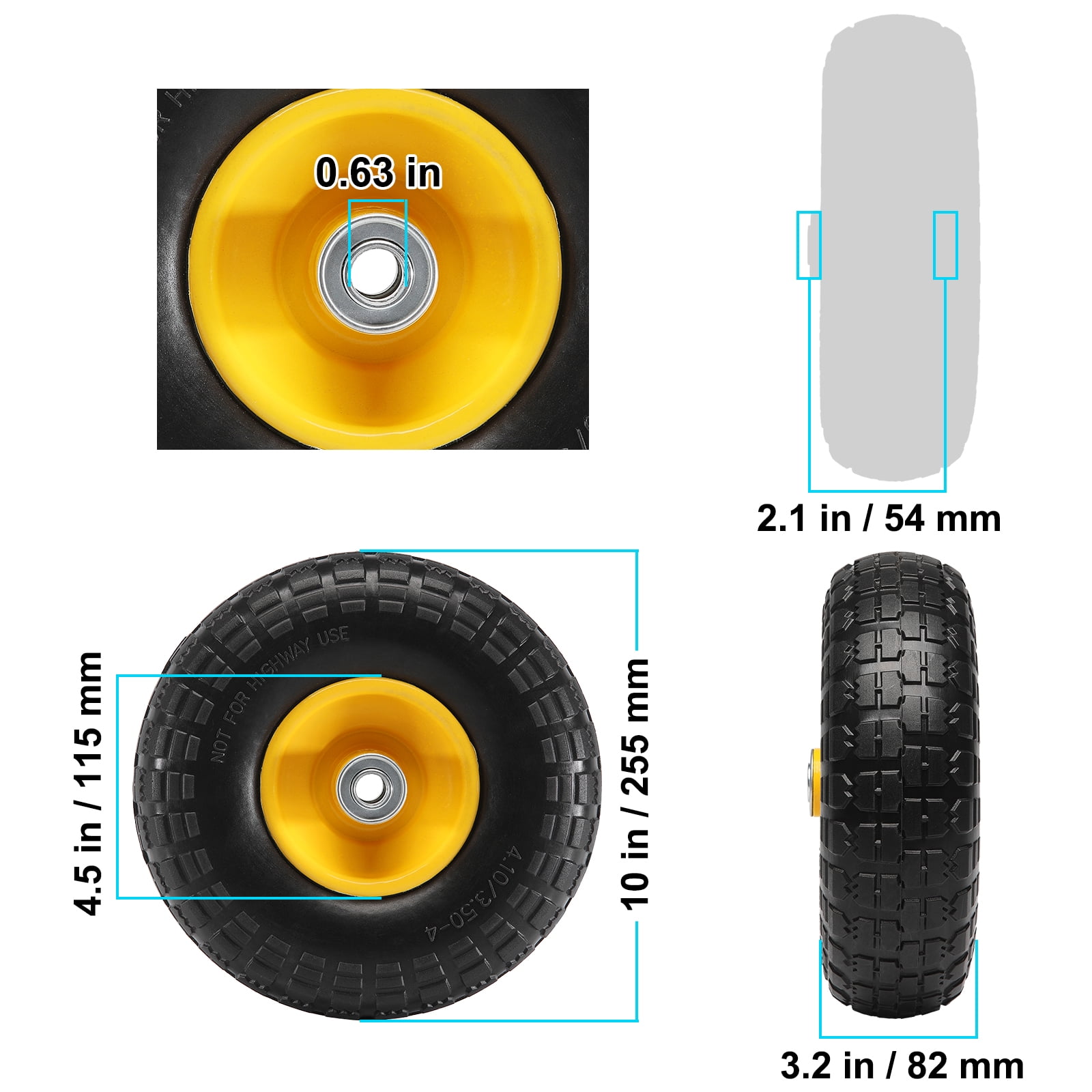 VEVOR Solid PU Run-Flat Tire Wheel, 10", 2-Pack, 400 lbs Dynamic Load, 450 lbs Static Load, Flat Free Tubeless Tires and Wheels for Hand Truck, Utility Cart, Dollies, Garden Trailers, Various Carts