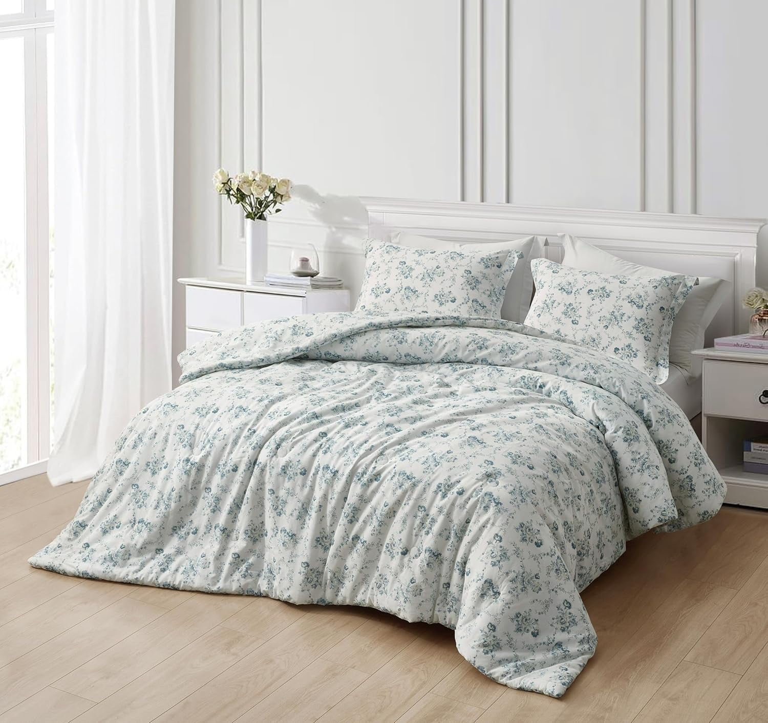 Chezmoi Collection Gigi 2-Piece Washed Cotton Comforter Set Twin Size, Elegant Blue Ivory White Floral Printed Bedding Set Reversible Lightweight Comforter for All Season