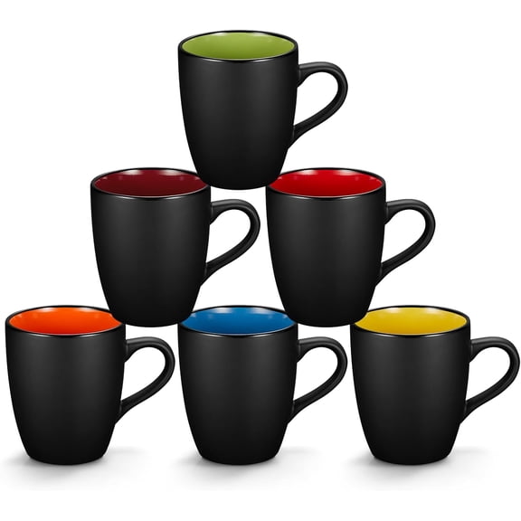 6 Pack Porcelain Coffee Mugs Set, 12 Ounces Ceramic Coffee Mugs, Matte Black Coffee Mug, Restaurant Cups for Coffee, Tea, Cappuccino, Cocoa, Cereal, Black outside and Colorful inside