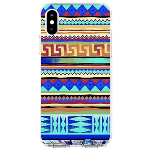 DistinctInk Clear Shockproof Hybrid Case for iPhone X / XS (5.8" Screen) - TPU Bumper, Acrylic Back, Tempered Glass Screen Protector - Blue Red Yellow Tribal Print