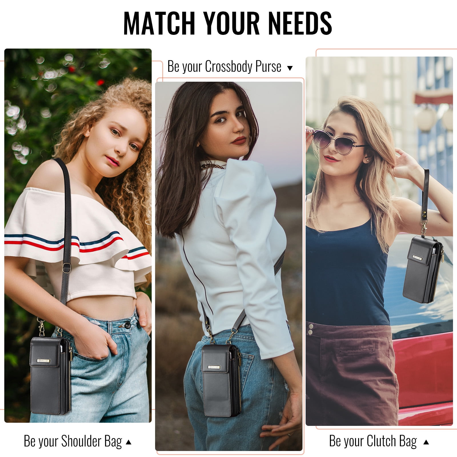 Crossbody Phone Bag Purse Wallet Case for iPhone/Galaxy/Pixel Series Cell Phones (Less Than or Equal to 7.6"), with Shoulder/Wrist Strap Lanyard, RFID Blocking Card Slots, PU Leather Bag, Black