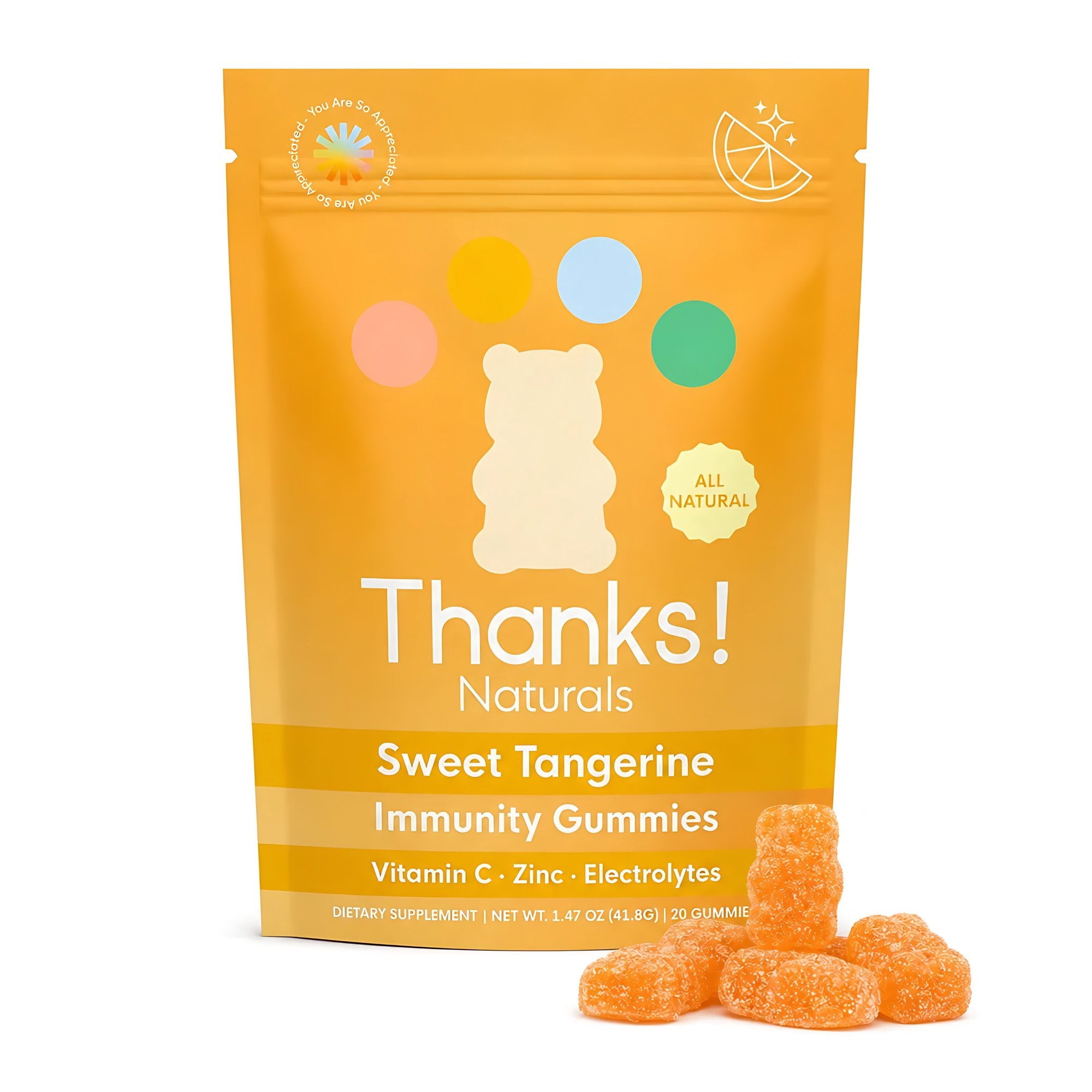Thanks! Naturals Immunity Gummies, Sweet Tangerine, Vitamin C, Zinc & Electrolytes, 20 Count, 1.47 OZ