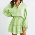 thumbnail image 5 of qolati Women's Mini Dresses 2023 Fall Lantern Sleeve V Neck Button Up A-Line Dress Fashion Layered Ruffle Hem High Waist Party Holiday Dress, 5 of 6