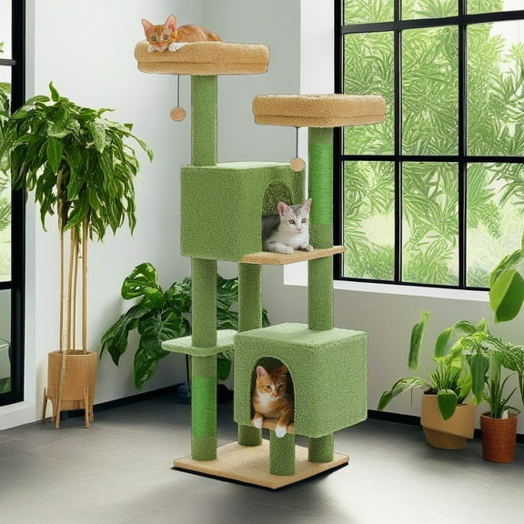 Demi Bonn 52" Cat Tree Tower with 2 Scratching Posts, 2 Perches, 2 Caves, Pompoms, Multi-Level Plush Cat Condo for Indoor Cats, Green