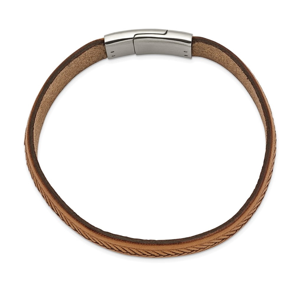 Diamond2Deal Stainless Steel Polished Textured Tan Italian Leather Bracelet for Men 8.75"