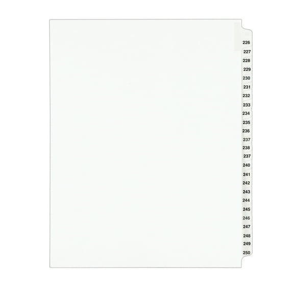 Preprinted Legal Exhibit Side Tab Index Dividers, Avery Style, 25-Tab, 226 To 250, 11 X 8.5, White, 1 Set, (1339) | Bundle of 5 Sets