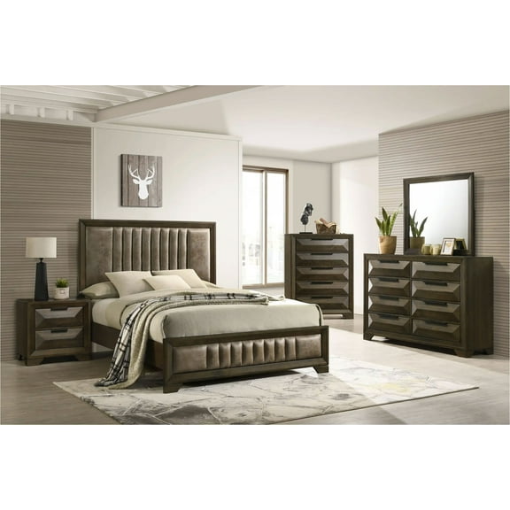 Kings Brand Furniture 5-Piece Premium Bedroom Set in Walnut Wood Finish - Bed Frame with Upholstered Headboard, Chest, Dresser, Mirror and Nightstand (King)