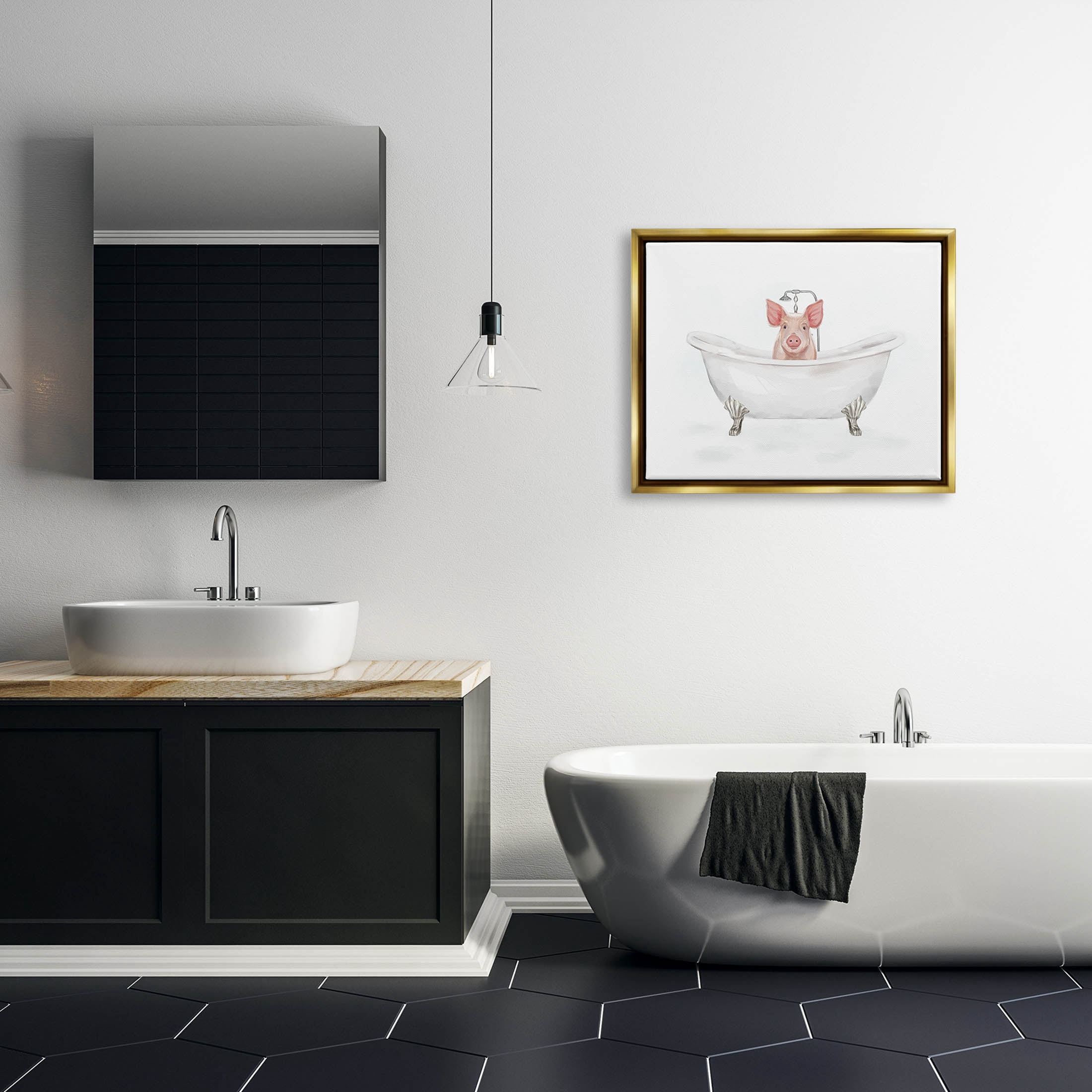 Country Pig Cute Bathtub Animals & Insects Graphic Art Metallic Gold Framed Art Print Wall Art