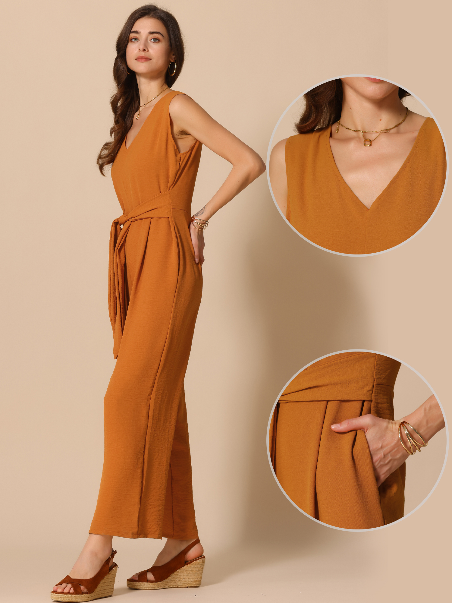 DARING DIVA Women's V Neck Casual Sleeveless Wide Leg Jumpsuit L Orange