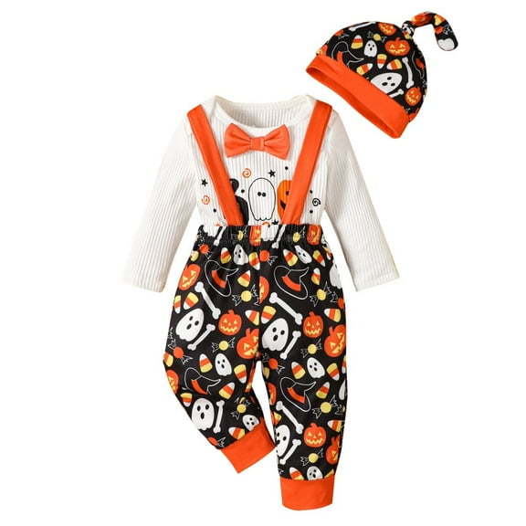 GYRATEDREAM My First Halloween Baby Boy Outfit Cutest Pumpkin Bodysuit Bowtie Bib Pants Hat Gentleman Fall Coming Home Outfit for 3-6 Months White