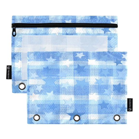 2 Pack 3 Ring Binder Pouch with Clear PVC Window Water Resistant Zipper Pencil Pouch Gentle Blue Stars Binder Pocket for Classroom Office Home Stationery Organization