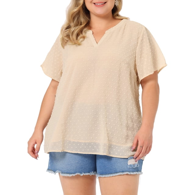 Agnes Orinda Women's Plus Size Tops Swiss Dots Short Sleeve Notched Neck Spring Summer Blouses 2X Beige