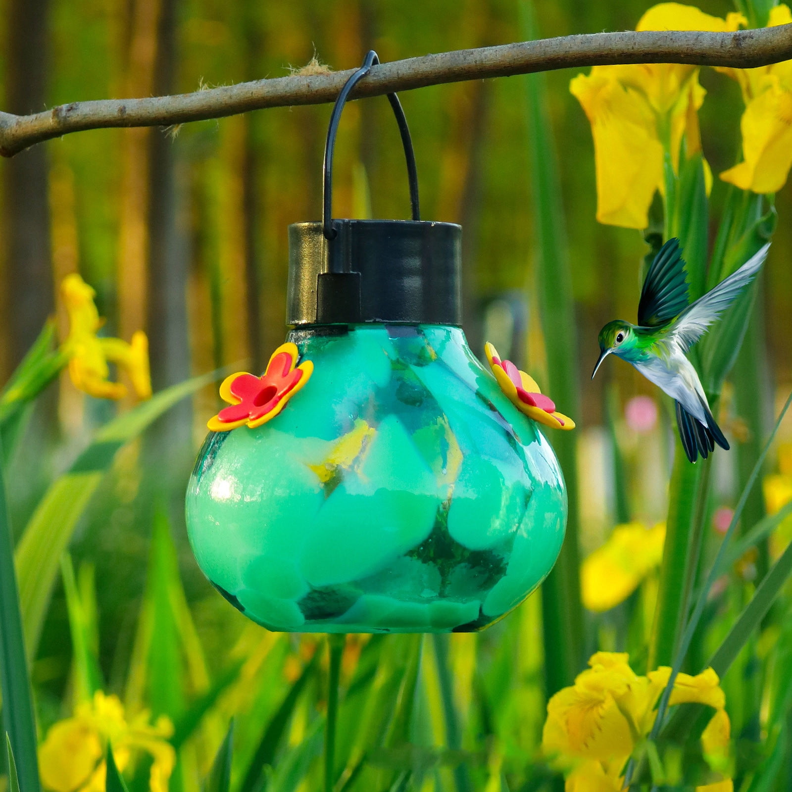 Solar-Powered Lighted Hummingbird Feeder Automatic Unit, Hanging Outdoor Decorative Feeding Station for Patio Garden Yard Decoration